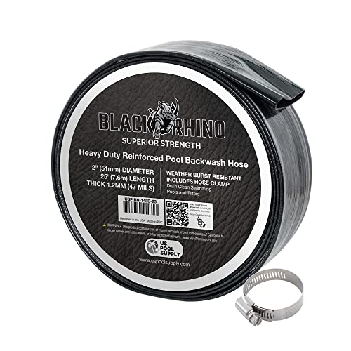 U.S. Pool Supply Black Rhino 2" x 25' Pool Backwash Hose with Hose Clamp - Extra Heavy Duty Superior Strength, Thick 1.2mm (47 mils) - Weather Burst Resistant - Drain Clean Swimming Pools and Filters