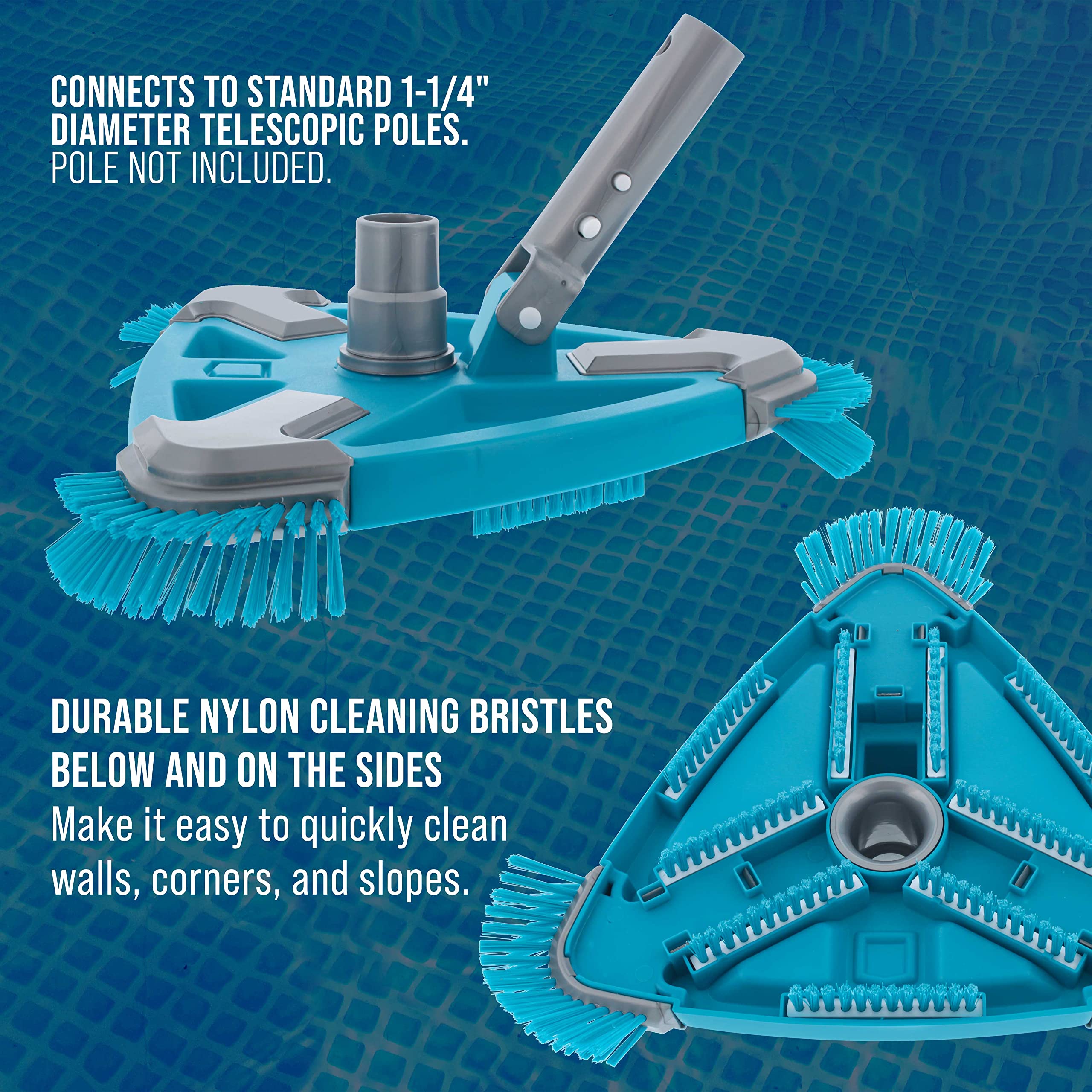 U.S. Pool Supply Deluxe Weighted Triangular Pool Vacuum Head with Side Brushes, Swivel Connection, EZ Clip Handle - For Above Ground & Inground Swimming Pools – Vinyl Liner Floor, Step, Corner Cleaner