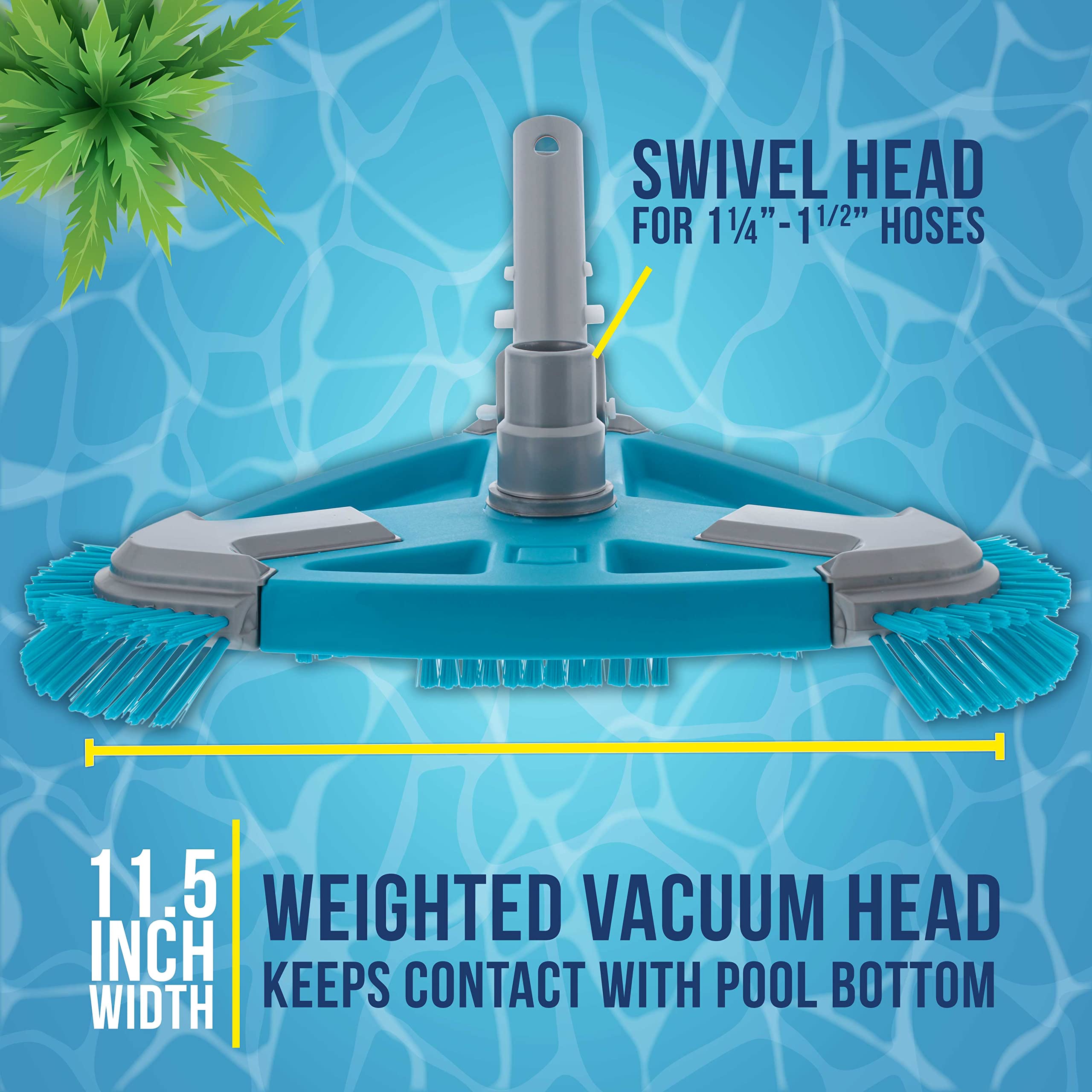 U.S. Pool Supply Deluxe Weighted Triangular Pool Vacuum Head with Side Brushes, Swivel Connection, EZ Clip Handle - For Above Ground & Inground Swimming Pools – Vinyl Liner Floor, Step, Corner Cleaner