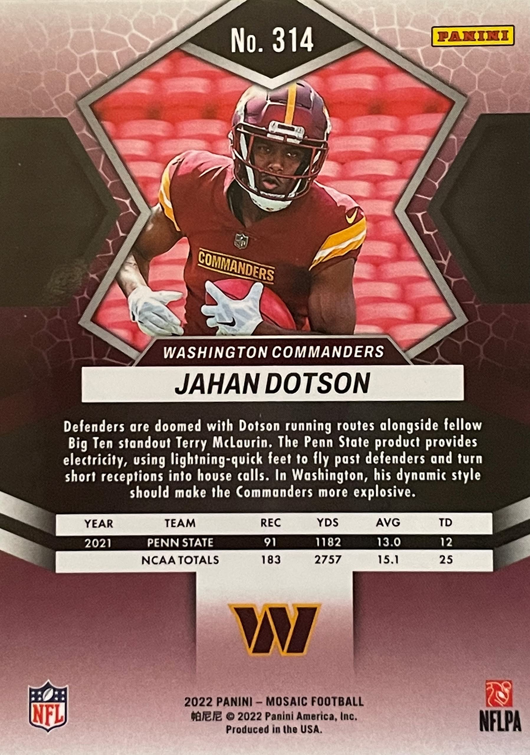 NEW 2022 Panini MOSAIC Football Authentic JAHAN DOTSON Football ROOKIE Card - Washington Commanders