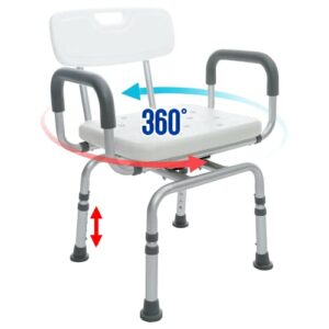 cpr care swivel shower chair for inside shower. 360 degree adjustable height lightweight rotating chair with arms and back for elderly, seniors, handicap, disabled adults
