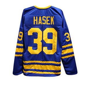 dominik hasek autographed buffalo custom blue hockey jersey - bas