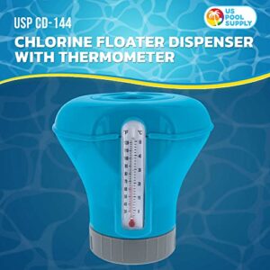 U.S. Pool Supply Pool Chlorine Floater Dispenser with Thermometer - 8" Diameter Floating Chlorinator, Large Capacity Holds 3" Tablets - Adjustable Ring for Balanced Delivery
