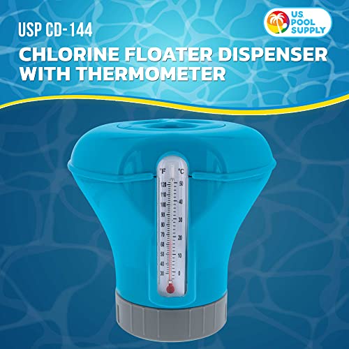 U.S. Pool Supply Pool Chlorine Floater Dispenser with Thermometer - 8" Diameter Floating Chlorinator, Large Capacity Holds 3" Tablets - Adjustable Ring for Balanced Delivery