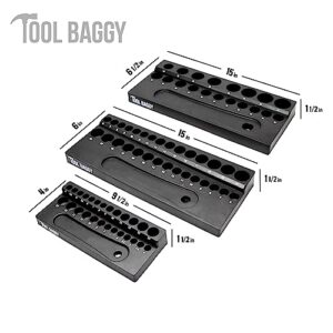 TOOL BAGGY Magnetic Socket Toolbox Organizer - Useful Ratchet Holder - 3 Organization Trays 1/2, 3/8, 1/4 Inch Drive - Metric Socket holders - Organizers for Garage Mechanics - Cool Gifts for Men