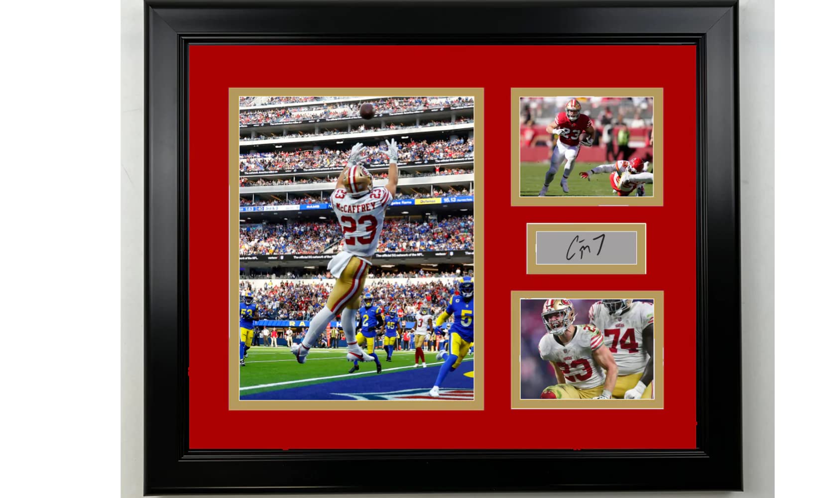 Framed Christian McCaffrey San Francisco 49ers Facsimile Laser Engraved Signature Football 15"x12" 3 Photo Collage