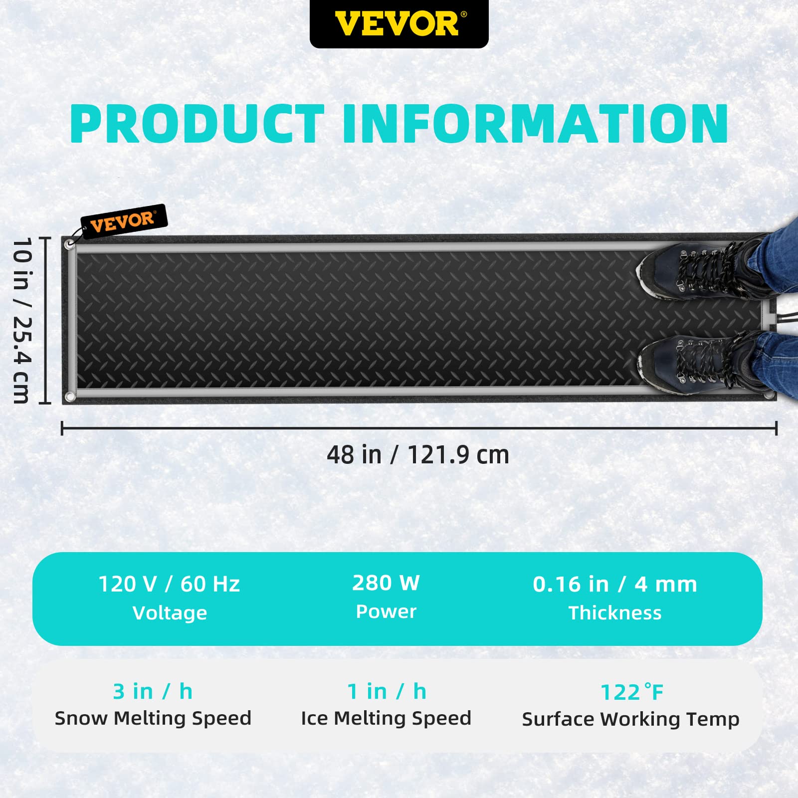 VEVOR Snow Melting Mat, 10 x 48 inch, 3 in/h Speed, Heated Outdoor Doormat for Winter Stairs, No-Slip Rubber with Plug, Power Cord, Outlet Timer, Reflective Strip, Velcro, Ground Stake, 10” x 48"