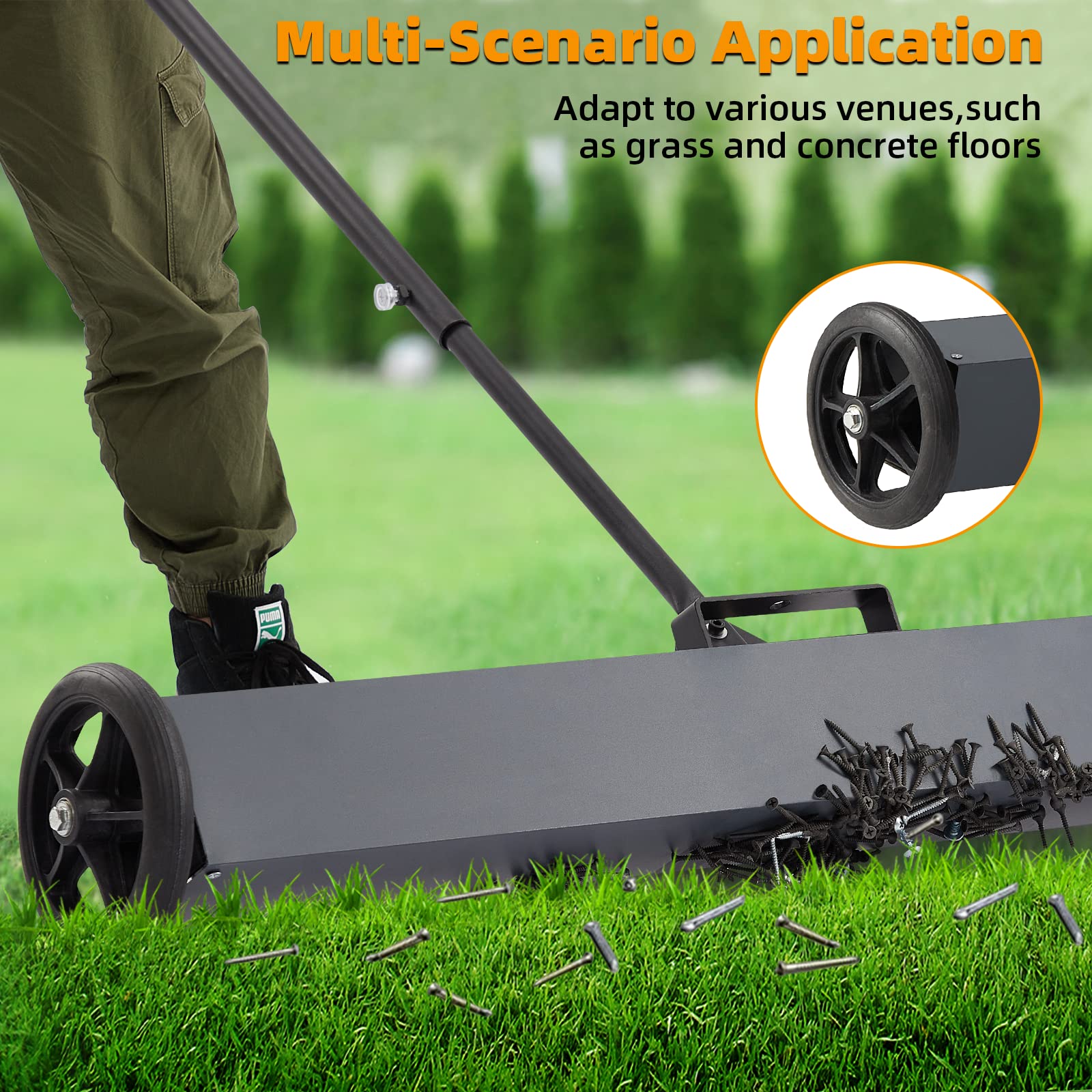 36'' Heavy Duty Magnetic Sweeper with Wheels, 50 Lbs Capacity Rolling Magnetic Floor Sweeper with Release Handle