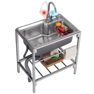 utility sink stainless steel commercial kitchen sink 1 compartment free standing sink unit with cold and hot faucet for outdoor laundry room bar restaurant catering 27"
