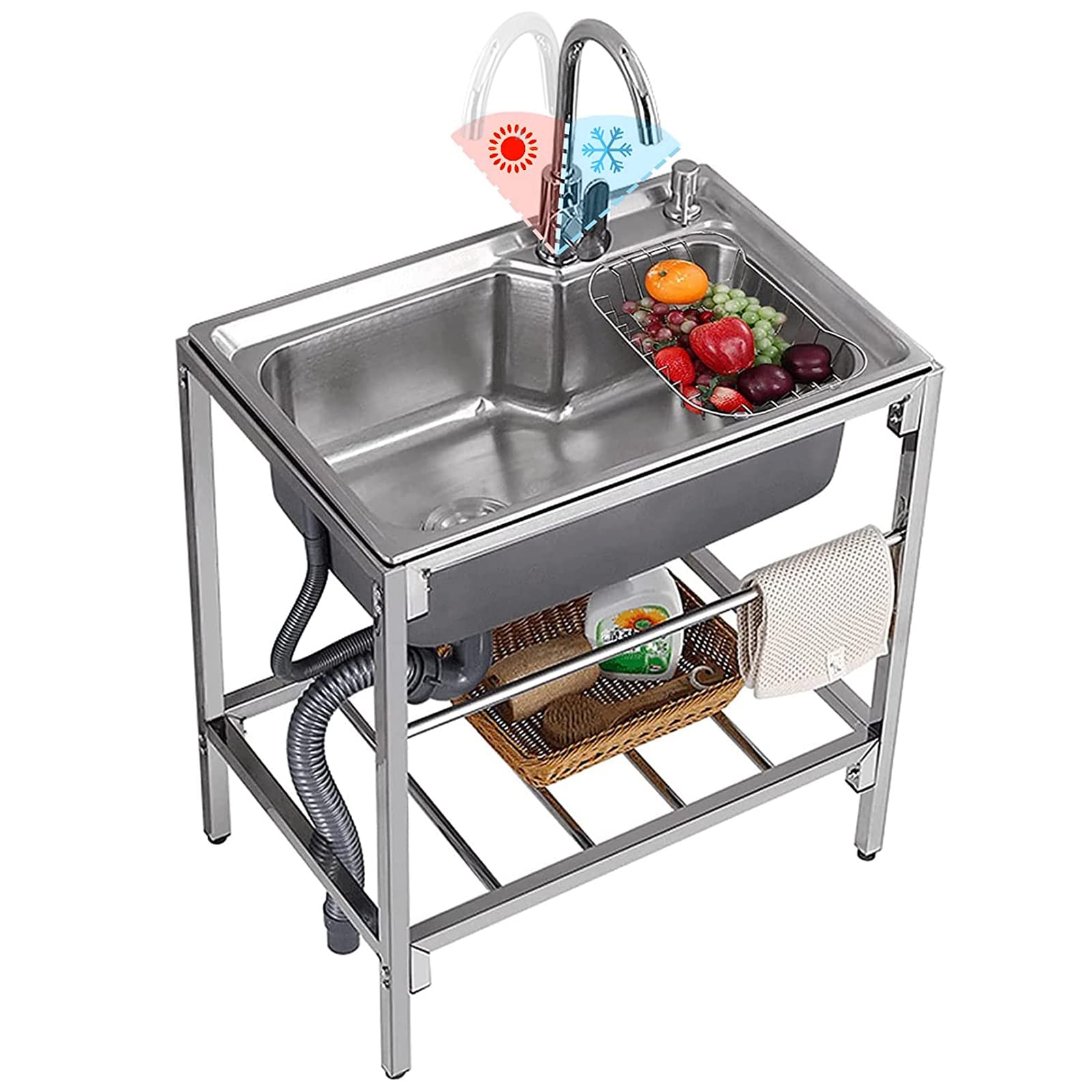 Utility Sink Stainless Steel Commercial Kitchen Sink 1 Compartment Free Standing Sink Unit with Cold and Hot Faucet for Outdoor Laundry Room Bar Restaurant Catering 27"