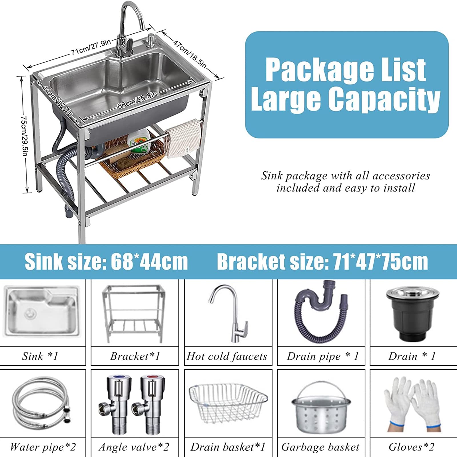 Utility Sink Stainless Steel Commercial Kitchen Sink 1 Compartment Free Standing Sink Unit with Cold and Hot Faucet for Outdoor Laundry Room Bar Restaurant Catering 27"