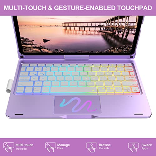 OYOSUOGG Touch ipad Air 5th Generation Case with Keyboard, ipad Pro 11 inch Case with 7 RGB Backlight & 360°Rotatable Keyboard, Magic Trackpad Keyboard Case for Air 4th Gen with Pencil Holder, Purple