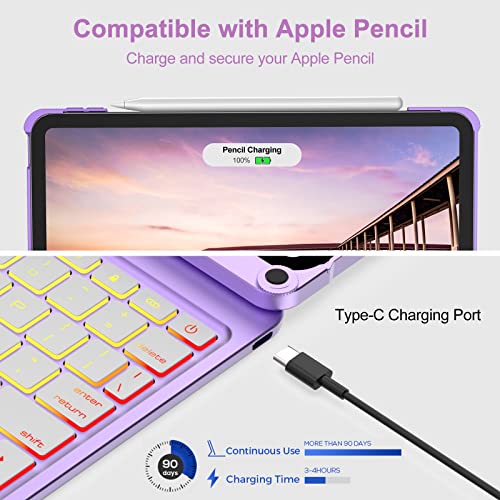 OYOSUOGG Touch ipad Air 5th Generation Case with Keyboard, ipad Pro 11 inch Case with 7 RGB Backlight & 360°Rotatable Keyboard, Magic Trackpad Keyboard Case for Air 4th Gen with Pencil Holder, Purple