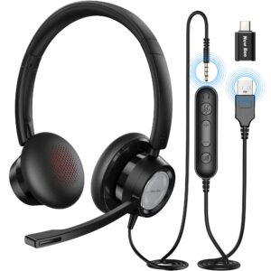 new bee usb headset 270° rotatable microphone computer headset in-line controls call center stereo wired pc headset ultra comfort for skype, zoom, laptop, phone, pc, tablet
