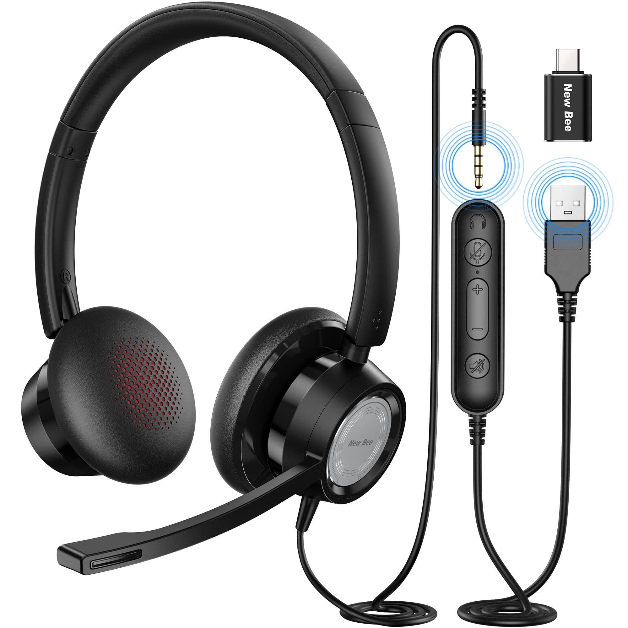 New bee USB Headset 270° Rotatable Microphone Computer Headset in-line Controls Call Center Stereo Wired PC Headset Ultra Comfort for Skype, Zoom, Laptop, Phone, PC, Tablet