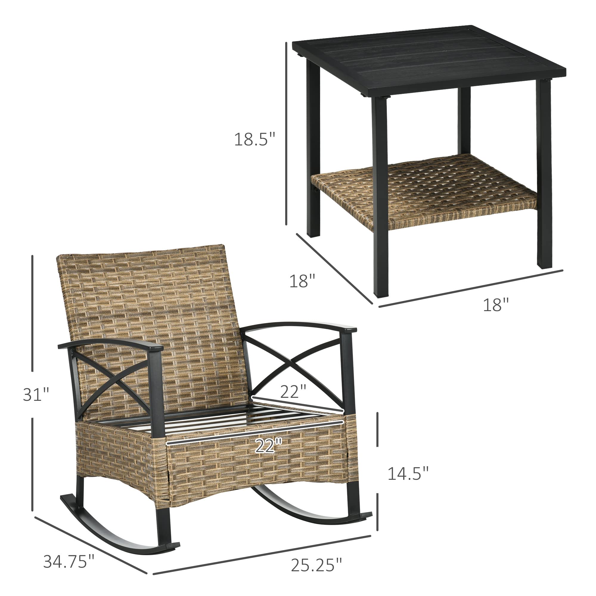 Outsunny 3 Piece Patio Rocking Chair Set, Outdoor Wicker Bistro Set with 2 Cushioned Porch Rockers, 2 Tier Coffee Table, for Gaden, Patio, Light Gray