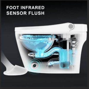 Cosvalve Heated Seat Smart Toilet, One Piece Toilet, Automatic Flush Tankless Toilet without Bidet, Foot sensor Flush, Blue Night Light, Knob Control, Power Outage Flushing