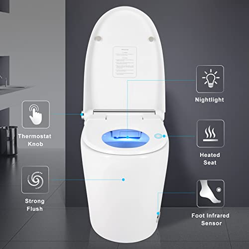 Cosvalve Heated Seat Smart Toilet, One Piece Toilet, Automatic Flush Tankless Toilet without Bidet, Foot sensor Flush, Blue Night Light, Knob Control, Power Outage Flushing