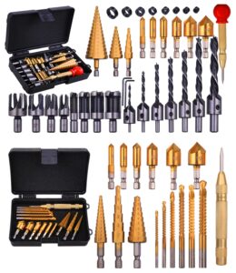 50 pack wood working chamfer drilling tools, 12 countersink drill bit set, 7 counter sinker drill bit set, 8 plug cutters for wood, 8 drill stop bit collar set, 6 step drill bits and 6pcs high