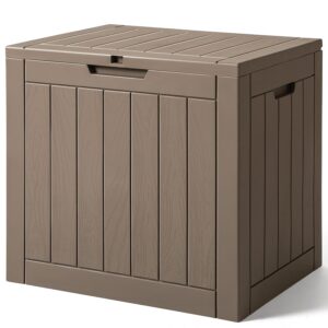 flamaker 32 gallon deck box outdoor waterproof resin storage box with lockable lid indoor storage bin for patio cushions, toys (brown)