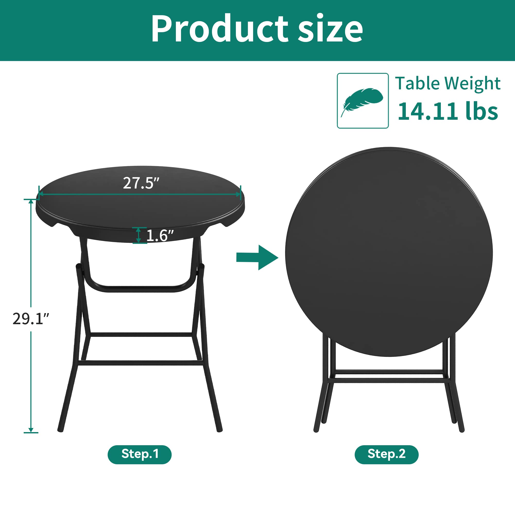 YITAHOME 32 Inch Round Folding Table for Outdoor/Indoor, Lightweight Foldable Table w/Thick Table Top and Sturdy Metal Frame, Ideal for Patio Backyard Dining Room Events, Black
