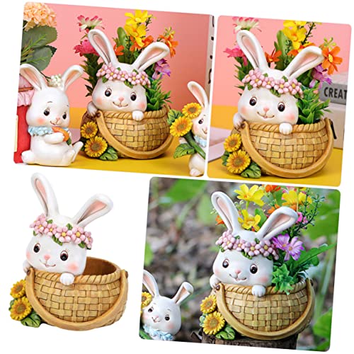 ABOOFAN Little Cute Rabbit Lying on The Basket Easter Flower Pot Bunny Succulent Pot Rabbit Planter Pot Animal Planter Bunny Figurine Pen Holder Small Bonsai Pot Resin Office Juicy