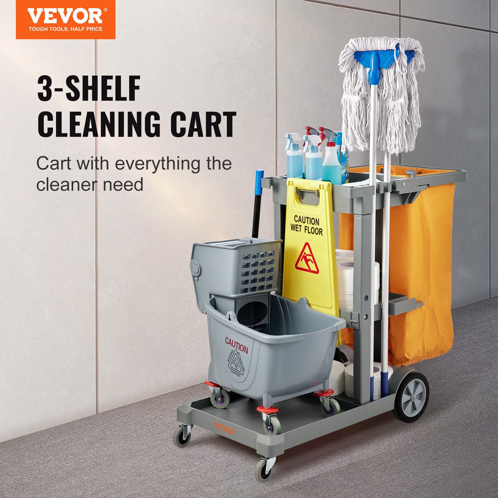 Commercial Janitorial Trolley 3-Shelf Cleaning Cart Wheeled with PVC Bag for Housekeeping Office, Stores, Schools