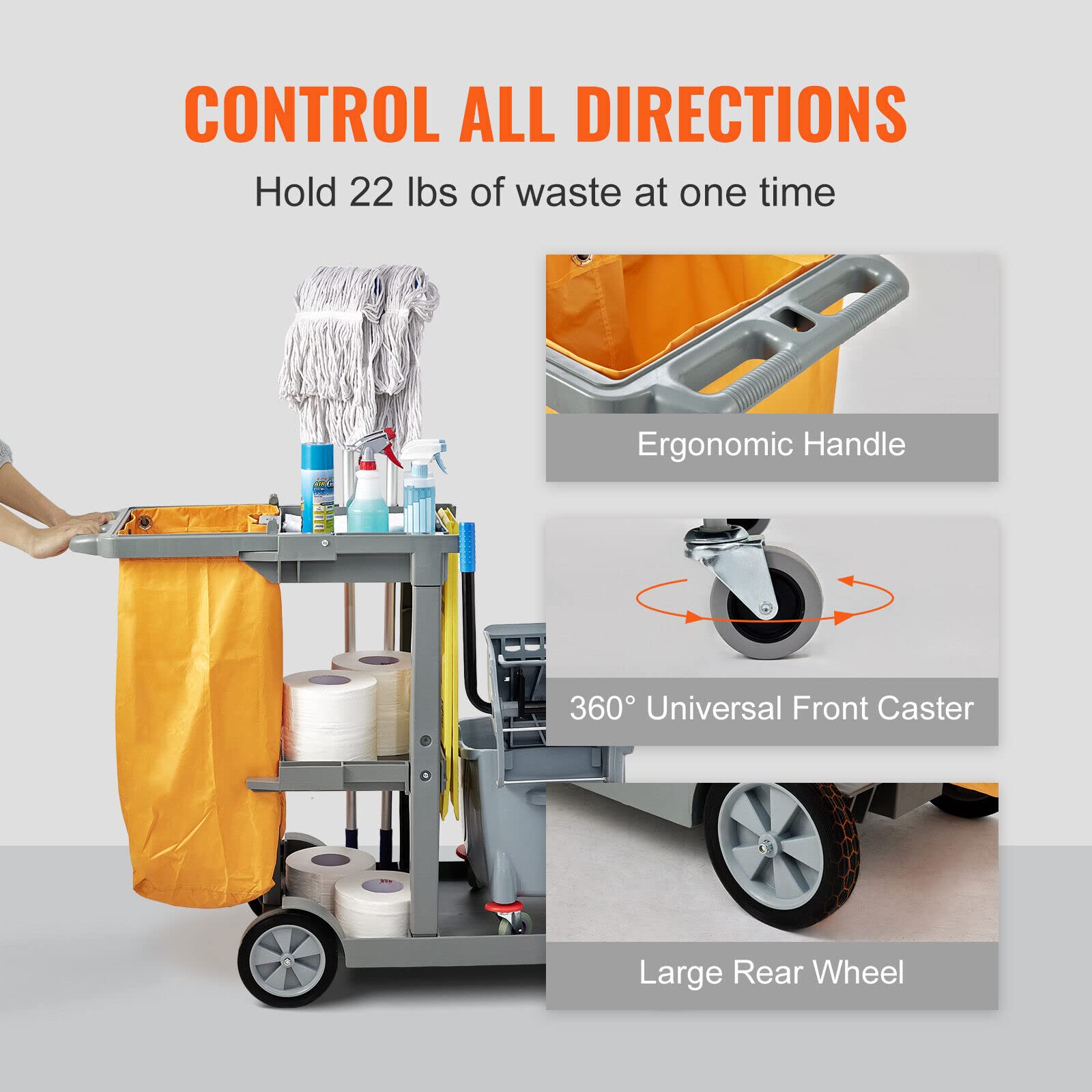 Commercial Janitorial Trolley 3-Shelf Cleaning Cart Wheeled with PVC Bag for Housekeeping Office, Stores, Schools