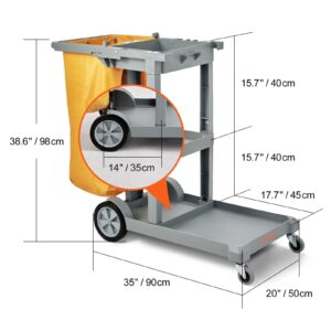 Commercial Janitorial Trolley 3-Shelf Cleaning Cart Wheeled with PVC Bag for Housekeeping Office, Stores, Schools