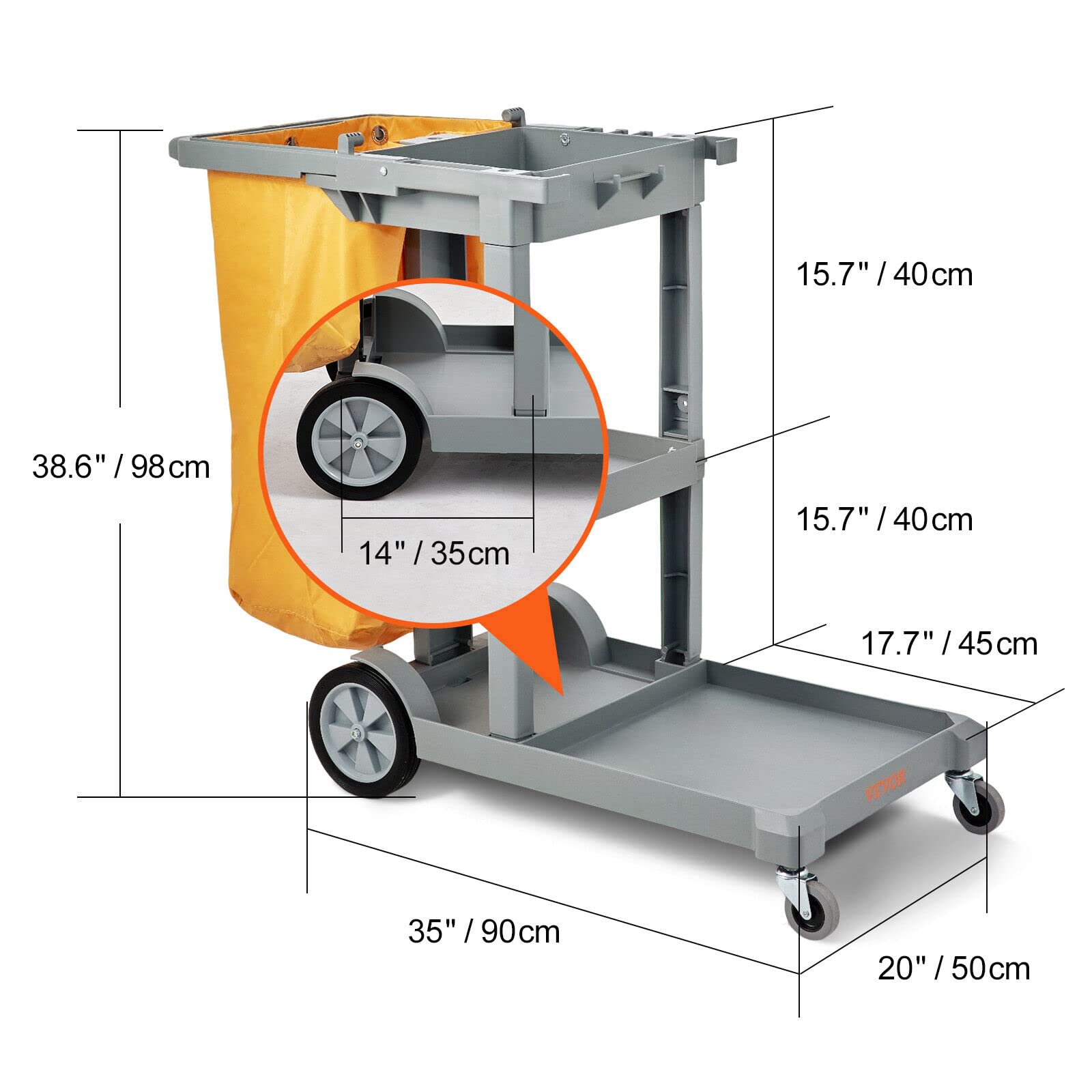 Commercial Janitorial Trolley 3-Shelf Cleaning Cart Wheeled with PVC Bag for Housekeeping Office, Stores, Schools
