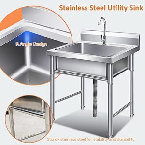 QQXX Stainless Steel Commercial Kitchen Sink,Free Standing Sink Single Bowl,Utility Sink with Faucet for Restaurant Kitchen Laundry Garage Indoor Outdoor Washing Hand Basin