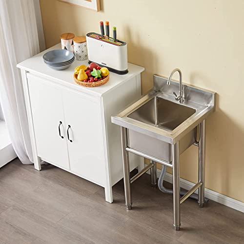 QQXX Stainless Steel Commercial Kitchen Sink,Free Standing Sink Single Bowl,Utility Sink with Faucet for Restaurant Kitchen Laundry Garage Indoor Outdoor Washing Hand Basin