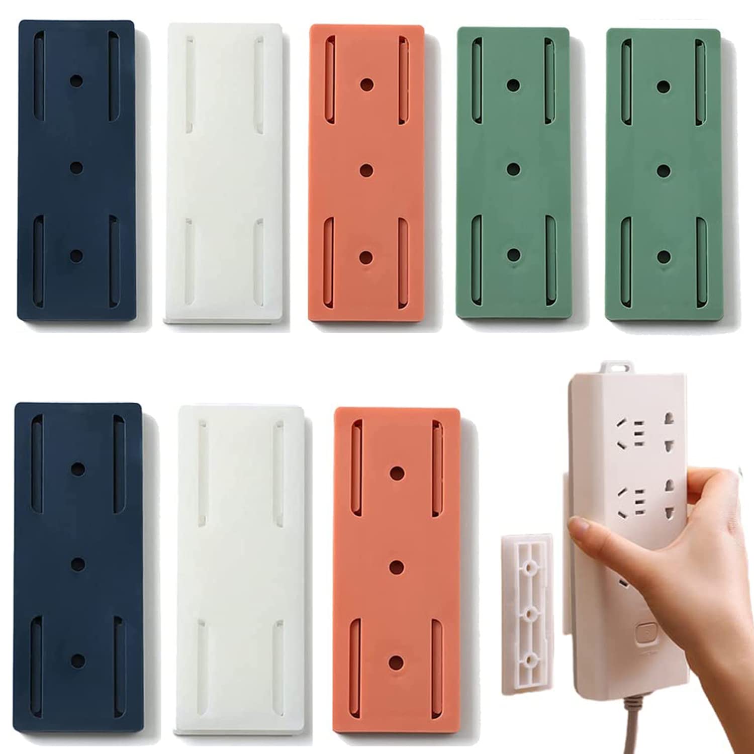 8 PCS Self-Adhesive Desktop Socket Fixer, Adhesive Punch Free Socket Holder, Power Strip Holder Fixator, Desktop mountable Plug-in Socket Fixer Holder for Desk, Wall, WiFi Router, Paper Towel Box