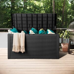 Flamaker Deck Box with Cushion 100 Gallon Resin Waterproof Storage Box Large Outdoor Storage Bench for Patio Cushions, Toys, Pool Accessories (Black)