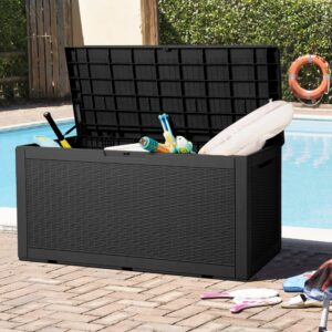 Flamaker Deck Box with Cushion 100 Gallon Resin Waterproof Storage Box Large Outdoor Storage Bench for Patio Cushions, Toys, Pool Accessories (Black)