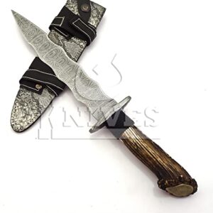 NoonKnives: custom Hand Made Damascus forge wavy style Steel Collectible wavy dagger Knife Handle deer stag horn crown with damascus Inserts (stag)