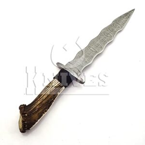 NoonKnives: custom Hand Made Damascus forge wavy style Steel Collectible wavy dagger Knife Handle deer stag horn crown with damascus Inserts (stag)