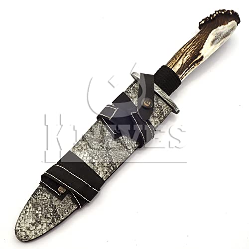 NoonKnives: custom Hand Made Damascus forge wavy style Steel Collectible wavy dagger Knife Handle deer stag horn crown with damascus Inserts (stag)