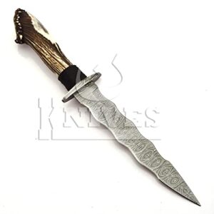 NoonKnives: custom Hand Made Damascus forge wavy style Steel Collectible wavy dagger Knife Handle deer stag horn crown with damascus Inserts (stag)