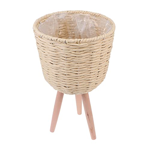 SECFOU 1Pc Rattan Floor Planter Rubbish can Outdoor pots Woven Belly Basket Plant Basket planters for Indoor Plants Seagrass Waste Basket Plant Stand Boho vase Plastic Household Plant Pot