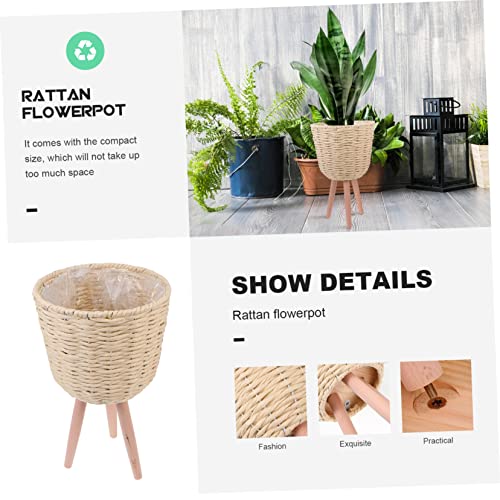 SECFOU 1Pc Rattan Floor Planter Rubbish can Outdoor pots Woven Belly Basket Plant Basket planters for Indoor Plants Seagrass Waste Basket Plant Stand Boho vase Plastic Household Plant Pot