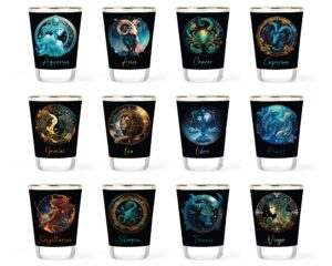 zodiac shot glasses - horoscope gift - aries, taurus, gemini, cancer, leo, virgo, libra, scorpio, sagittarius, capricorn, aquarius, pisces