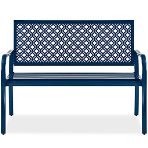 best choice products outdoor bench 2-person metal steel benches furniture for garden, patio, porch, entryway w/geometric backrest, 790lb capacity - peacock blue