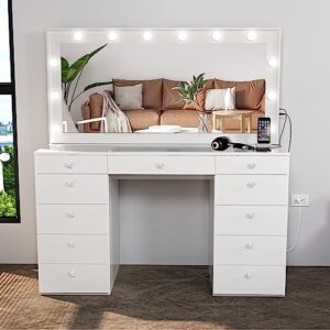 boahaus orla modern makeup vanity desk with light bulbs built-in, usb port and power outlet, 11 drawers, hollywood vanity mirror, glam glass top vanity, crystal ball knobs, big vanity for bedroom