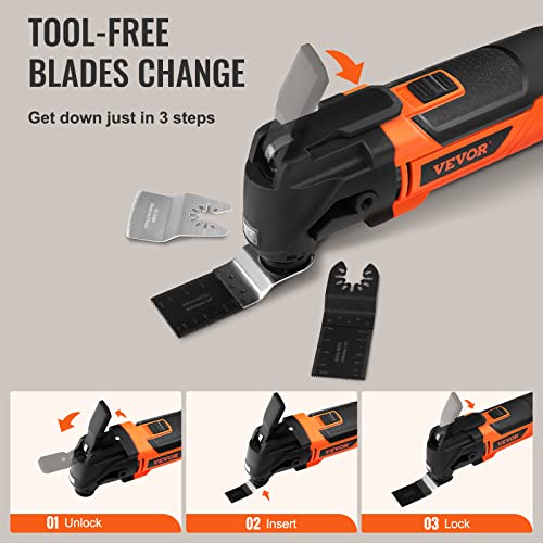 VEVOR Oscillating Tool 2.5A, 11000-22000 OPM 6 Variable Speeds Corded Oscillating Multi Tool with 3.1° Oscillating Angle, LED Light, 16PCS Saw Accessories & BMC Case for Cutting, Sanding, Grinding