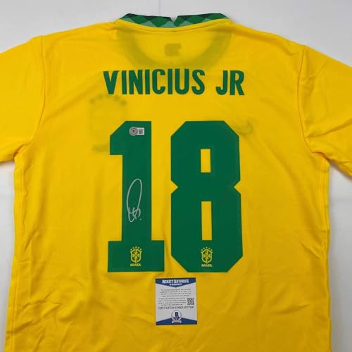 Autographed/Signed Vini Vinicius Jr. #18 Brazil Yellow Soccer Jersey Beckett BAS COA