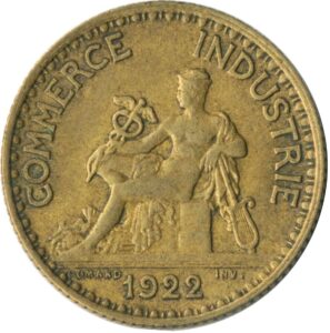 1920-1927 1 franc third french republic coin. with seated god of mercury design. 1 franc graded by seller. circulated condition.