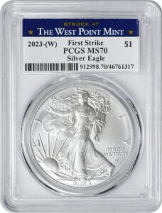 2023 w $1 american silver eagle dollar, first strike, struck at west point label, no mint mark pcgs ms70