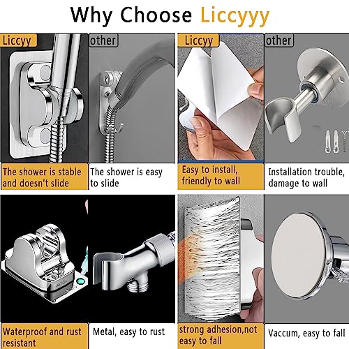 Liccyy Adhesive Shower Head Holder with Wall Shelves, Strong Self Adhesive Adjustable Waterproof Multifunction Handheld Shower Wand Holder Bracket with 3 Hanger Hooks,Wall Mount,No Drilling, Silver