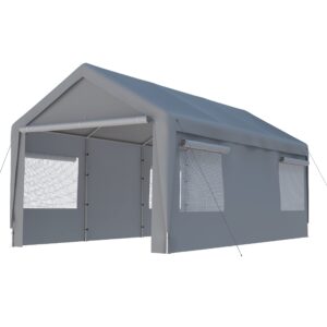 carport 10x20ft car canopy with transparent roll-up windows, removable sidewalls & doors,portable garage for car, truck, boat, car canopy, grey